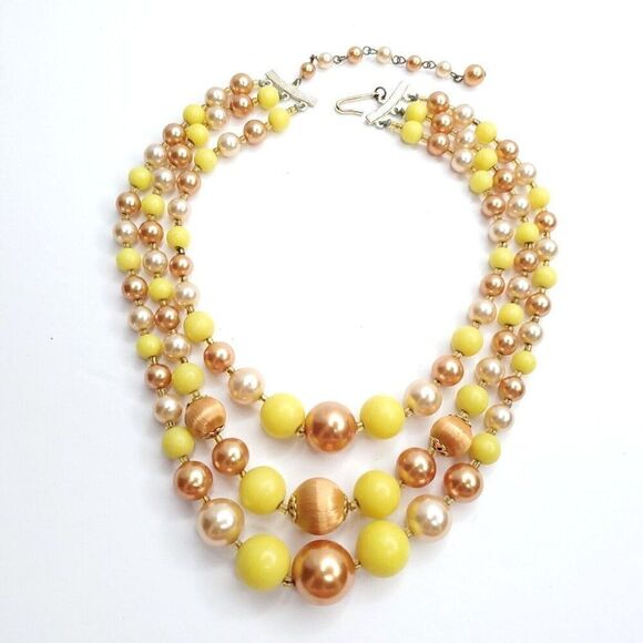 Vintage Multi Strand Satin Beaded Necklace Graduated Round Yellow Orange Beige - Picture 2 of 3